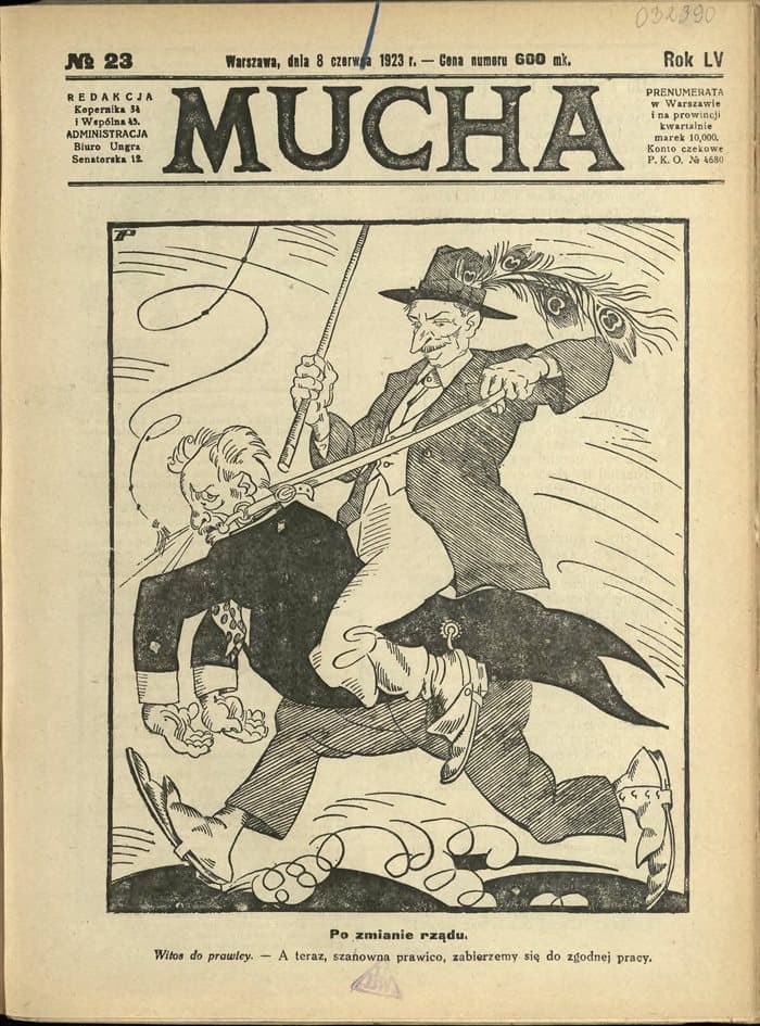 Karykatura z satyrycznego czasopisma "Mucha". Wincenty Witos "ujeżdża" uosobioną prawicę – swojego koalicjanta. 
